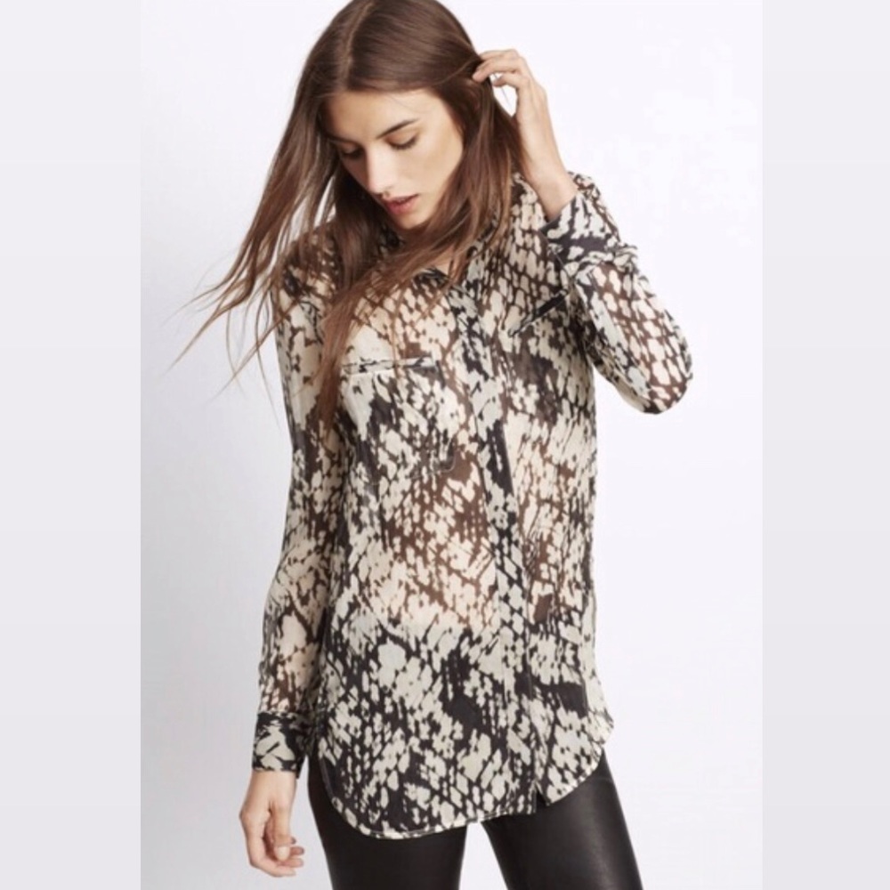 VINCE Silk Basketweave Blouse Ivory Black Sz 0